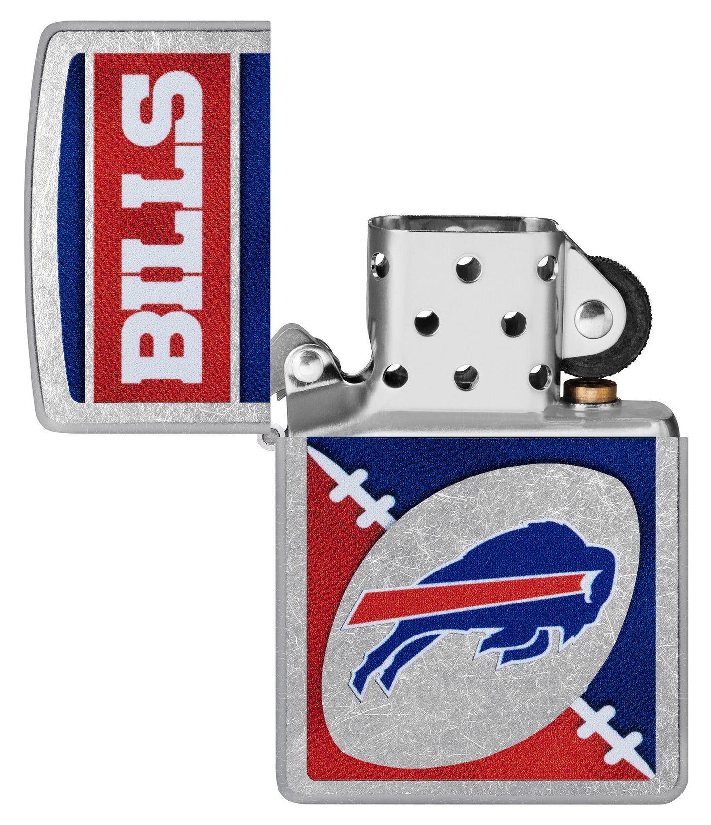 Zippo NFL Buffalo Bills Street Chrome Windproof Lighter with its lid open and unlit.