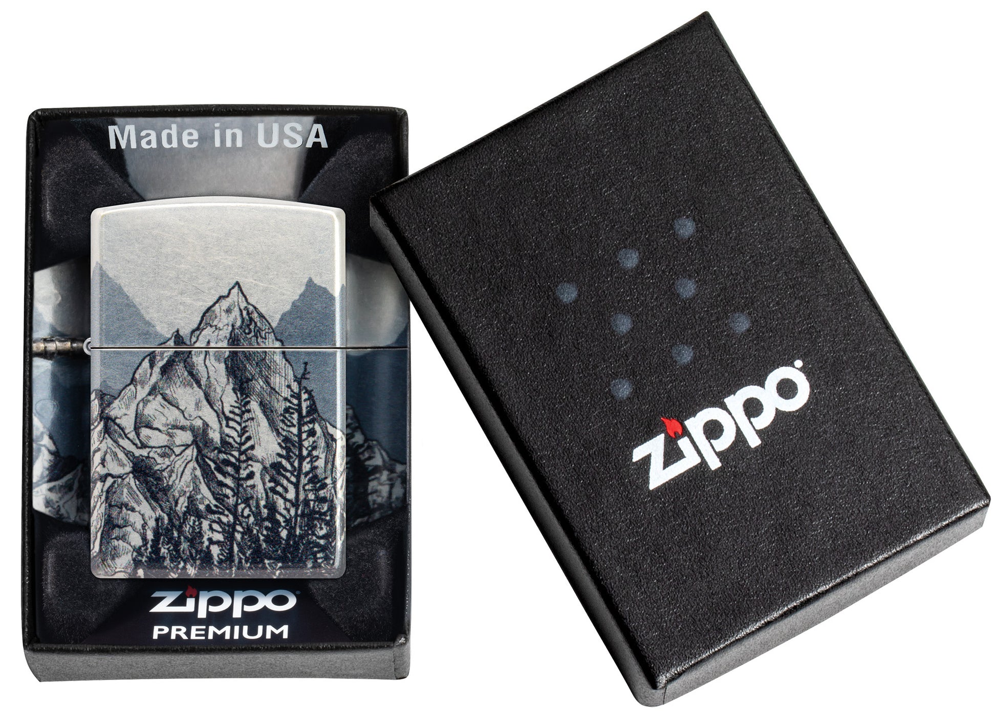 Zippo Mountain Sketch Design 540 Tumbled Chrome Windproof Lighter in its packaging.