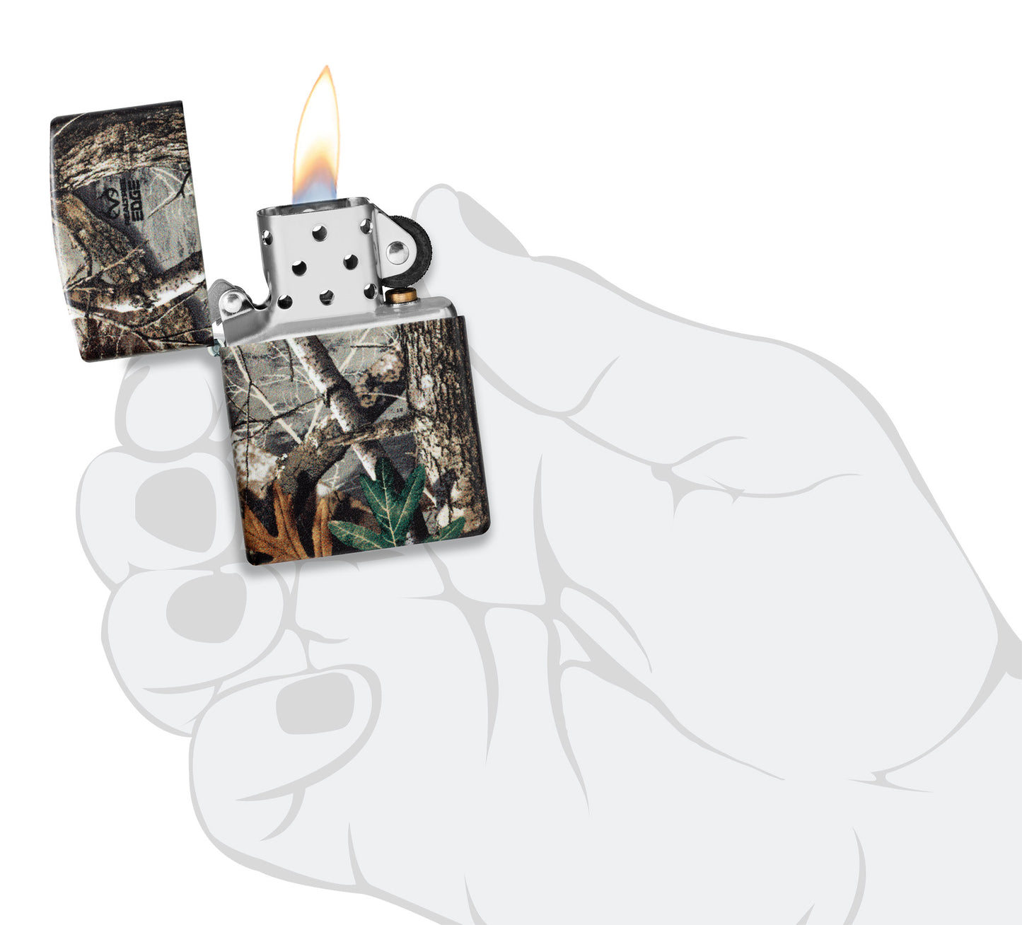 Zippo Realtree® EDGE™ Camo Design 540 Matte Windproof Lighter lit in hand.