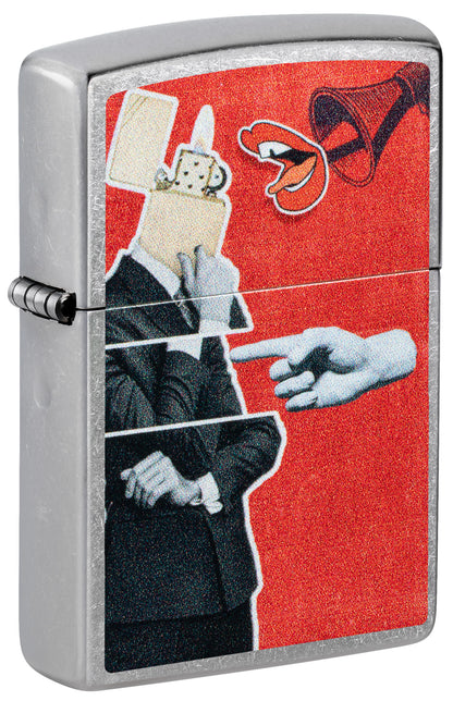 Front shot of Zippo Collage Design Street Chrome Windproof Lighter standing at a 3/4 angle.