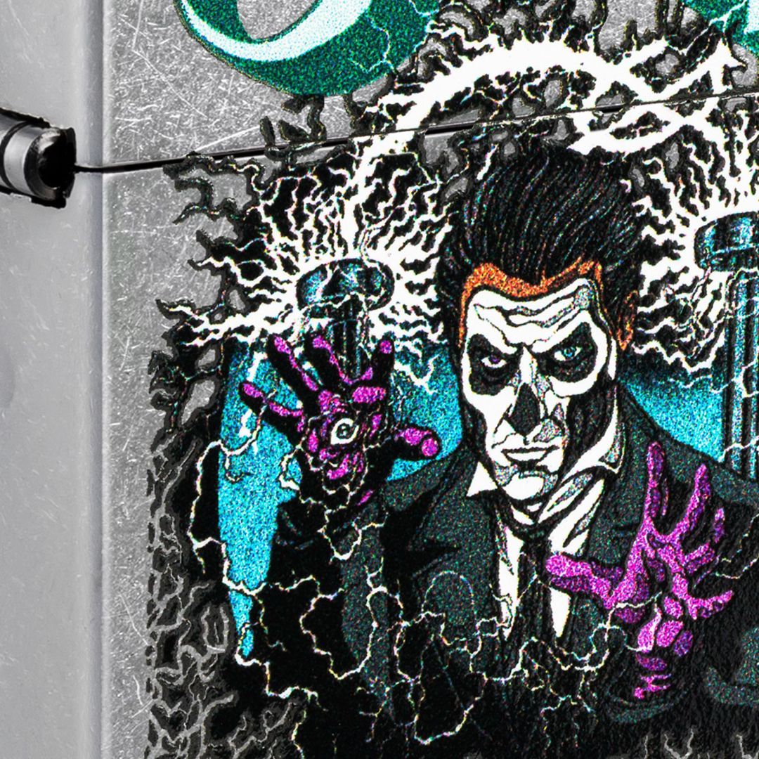 Front view of Zippo Ghost Papa III Design Classic Street Chrome Windproof Lighter close up to show the detail of the lighter.