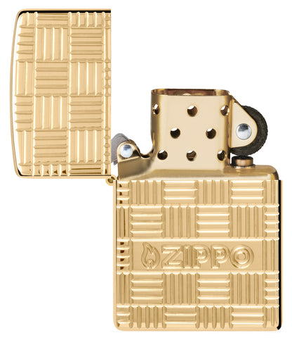 Zippo Deep Carve Design Armor High Polish Brass Windproof Lighter with its lid open and unlit.