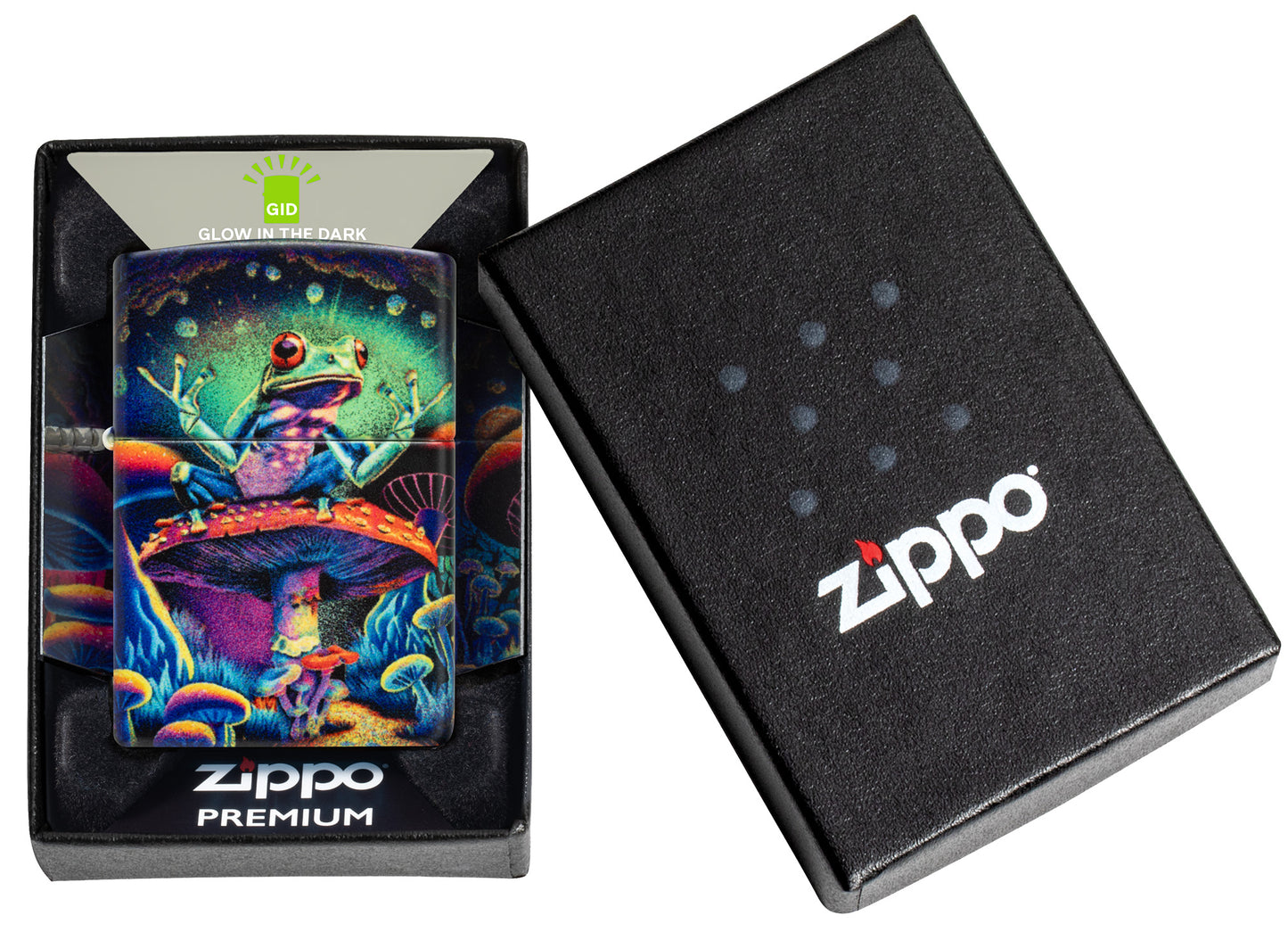 Zippo Zen Frog Design Glow in the Dark Matte Windproof Lighter in its packaging.