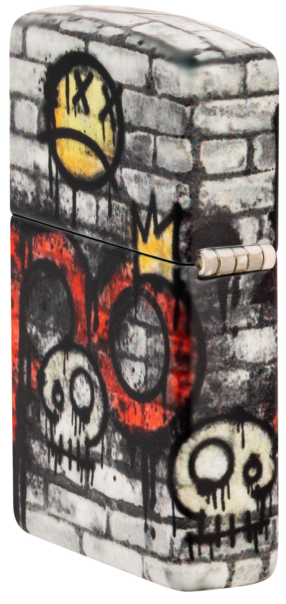 Angled shot of Zippo Graffiti King Design 540 Matte Windproof Lighter showing the back and hinge side of the lighter.