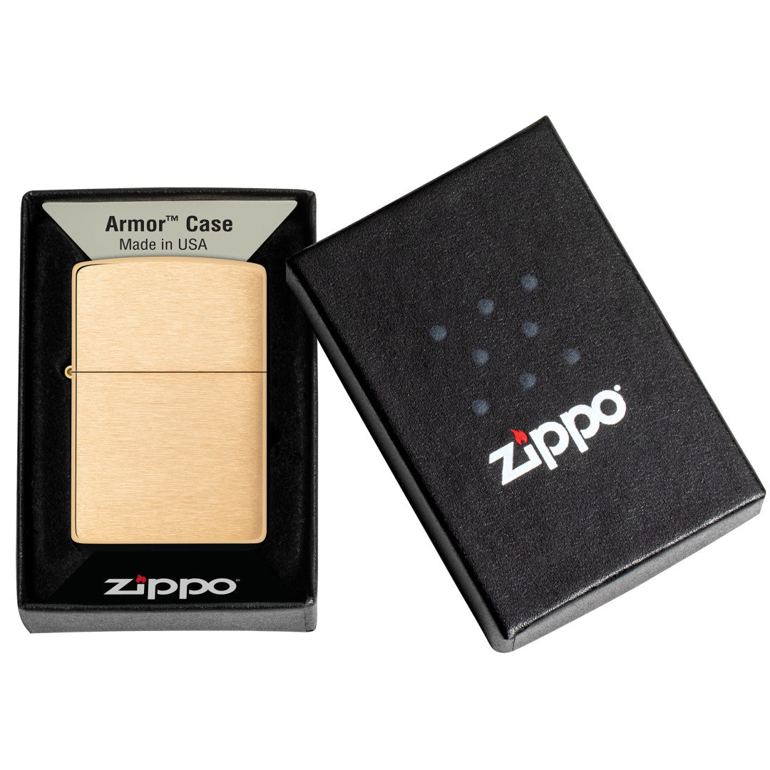 Armor® Brushed Brass Windproof Lighter in its packaging.