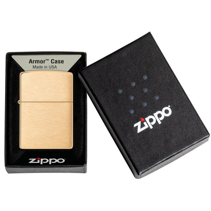 Armor® Brushed Brass Windproof Lighter in its packaging.