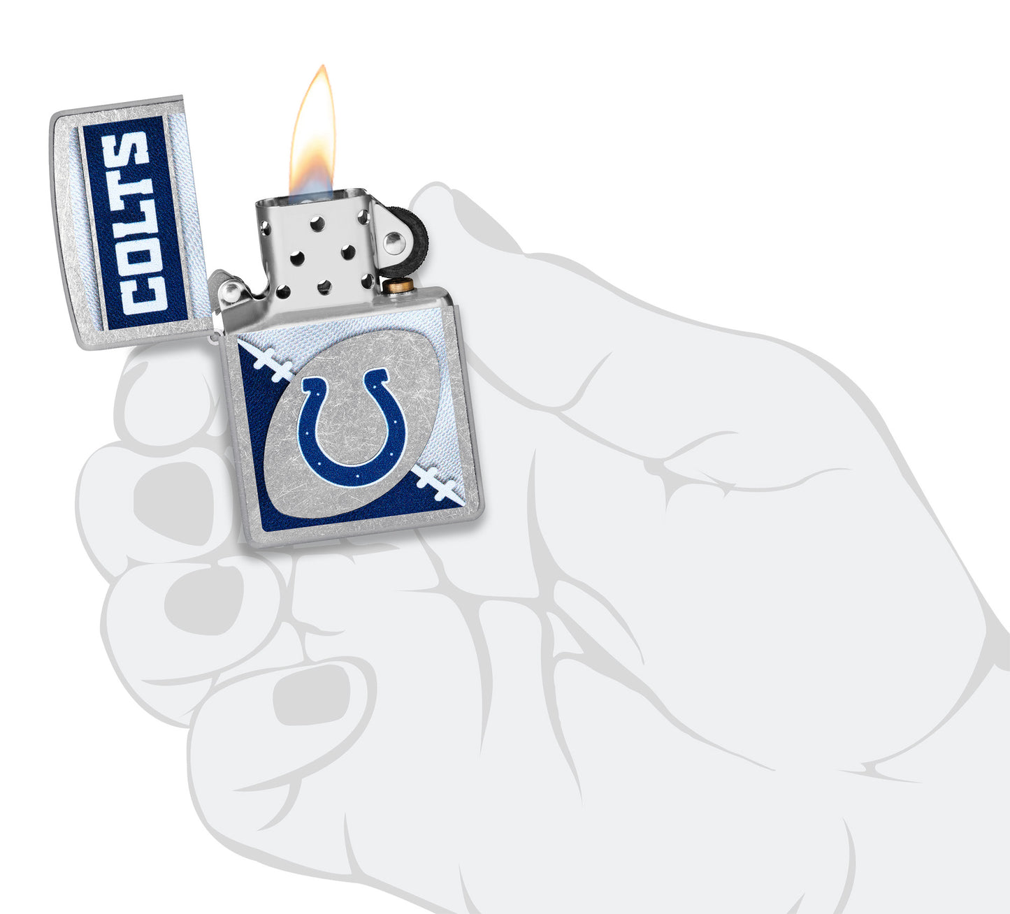 Zippo NFL Indianapolis Colts Street Chrome Windproof Lighter lit in hand.