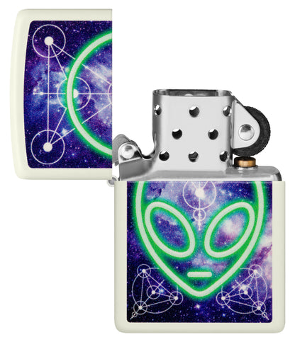 Zippo Glowing Alien Design Glow in the Dark Windproof Lighter with its lid open and unlit.