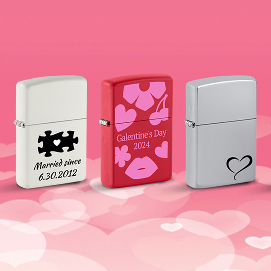 Three lighters with personalized designs on a pink background with heart shapes.