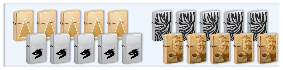A product lineup showing multiple lighter designs on a light gray background, including gold-toned and silver-toned Zippo lighters with different printed or embossed designs such as triangles, dragons, zebra stripes, and coffee.
