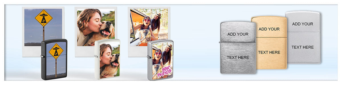 Customized lighter design examples based on photos shown in the background and simple engraving examples.