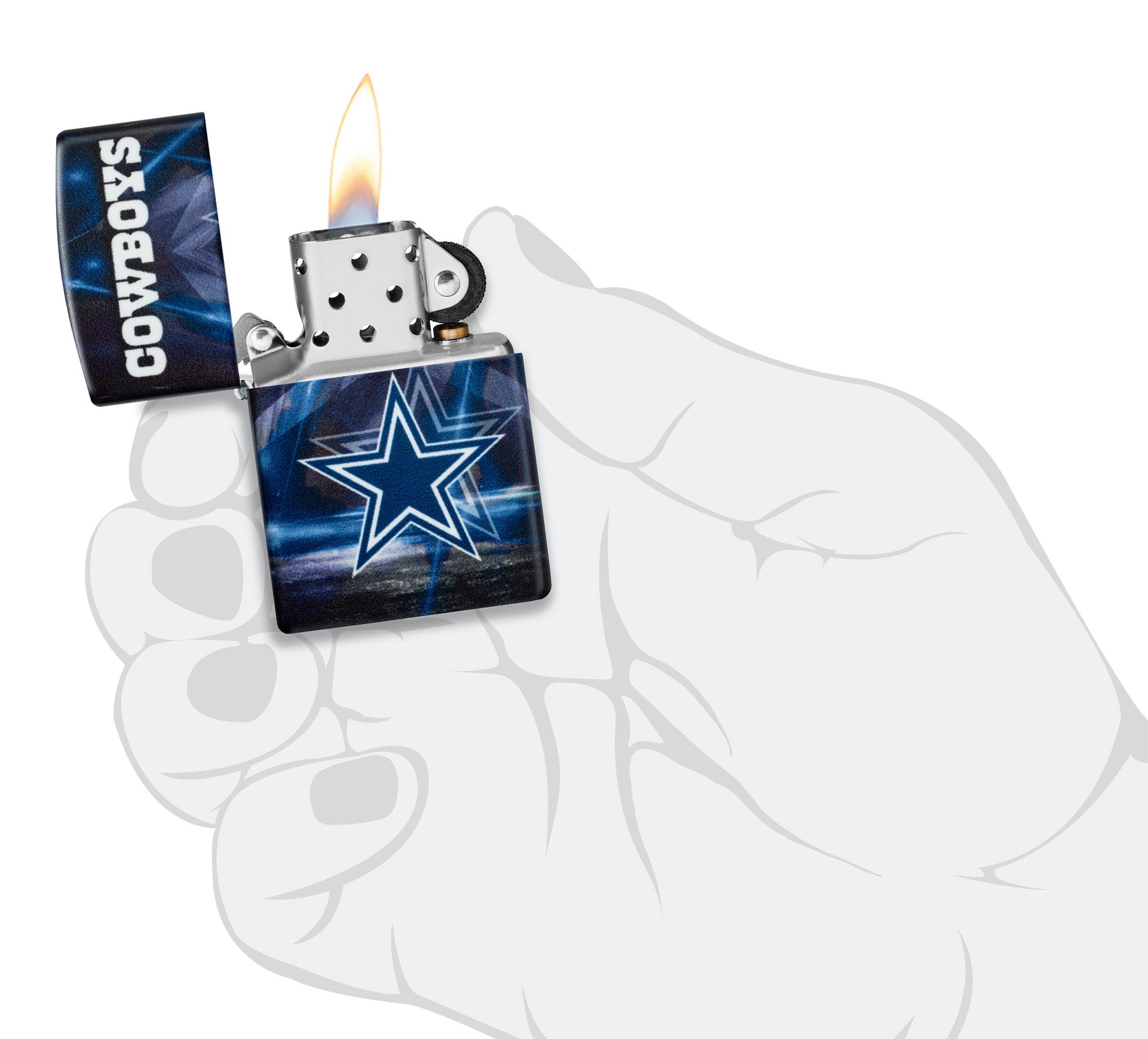 Zippo NFL Dallas Cowboys 540 Matte Windproof Lighter lit in hand.