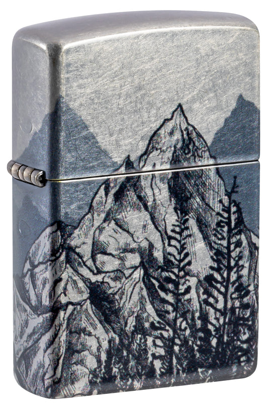 Front shot of Zippo Mountain Sketch Design 540 Tumbled Chrome Windproof Lighter standing at a 3/4 angle.