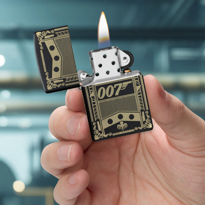 Lifestyle image of 2026 James Bond Day Collectible in hand, lit, and open. 