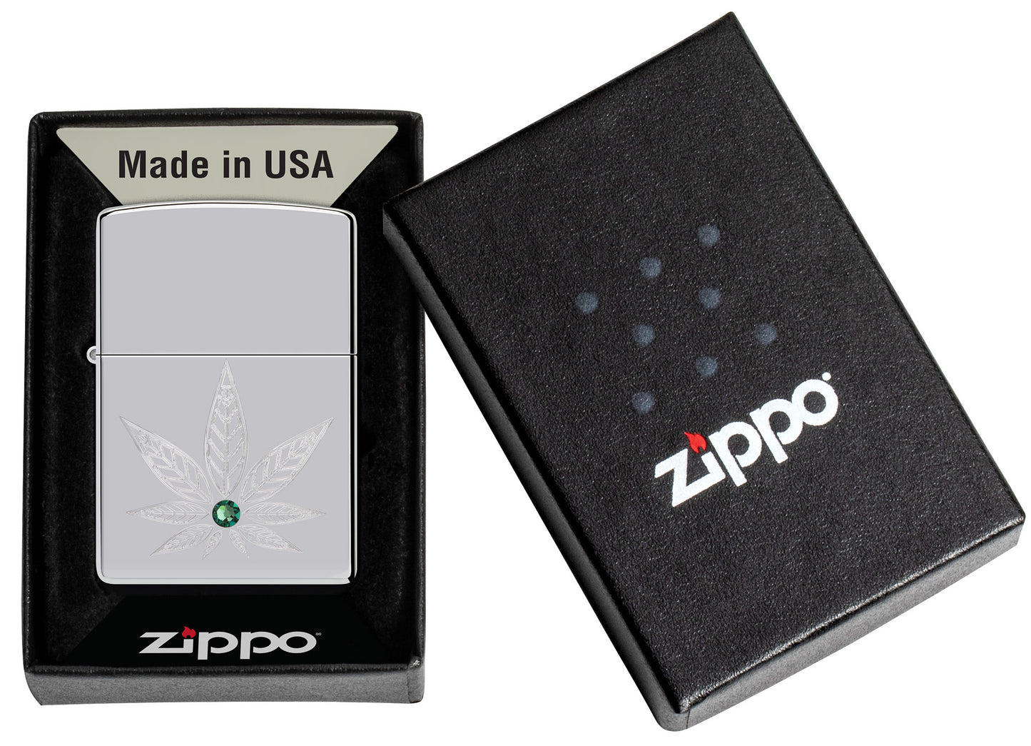 Zippo Cannabis Crystal Design High Polish Chrome Windproof Lighter in its packaging.