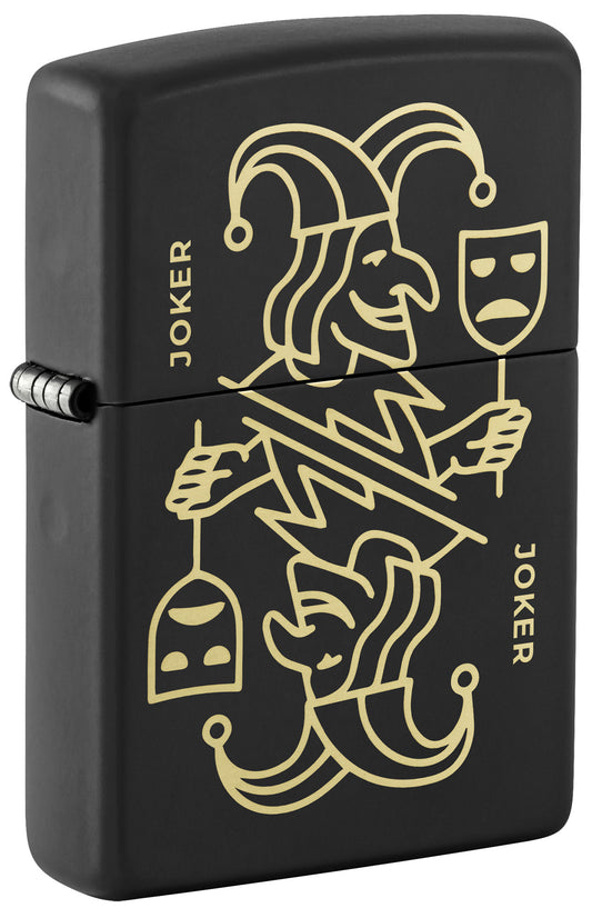 Front shot of Zippo Masked Joker Design Black Matte Windproof Lighter standing at a 3/4 angle.