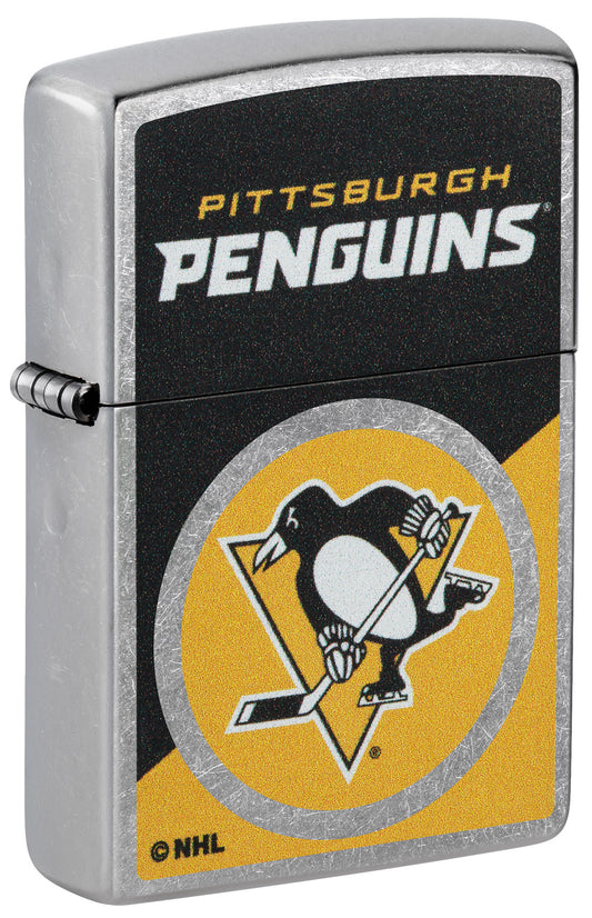 Front shot of Zippo NHL® Pittsburgh Penguins® 2024 Street Chrome™ Windproof Lighter standing at a 3/4 angle.