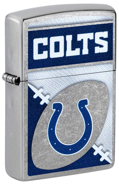 Front shot of Zippo NFL Indianapolis Colts Street Chrome Windproof Lighter standing at a 3/4 angle.