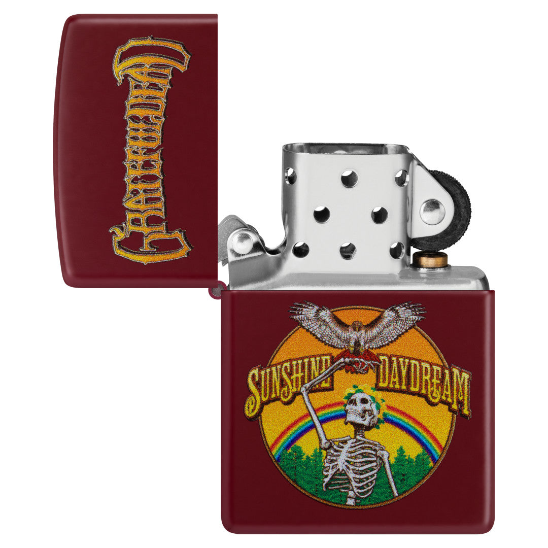 Zippo Grateful Dead Sunshine Daydream Design Merlot Windproof Lighter with its lid open and unlit.