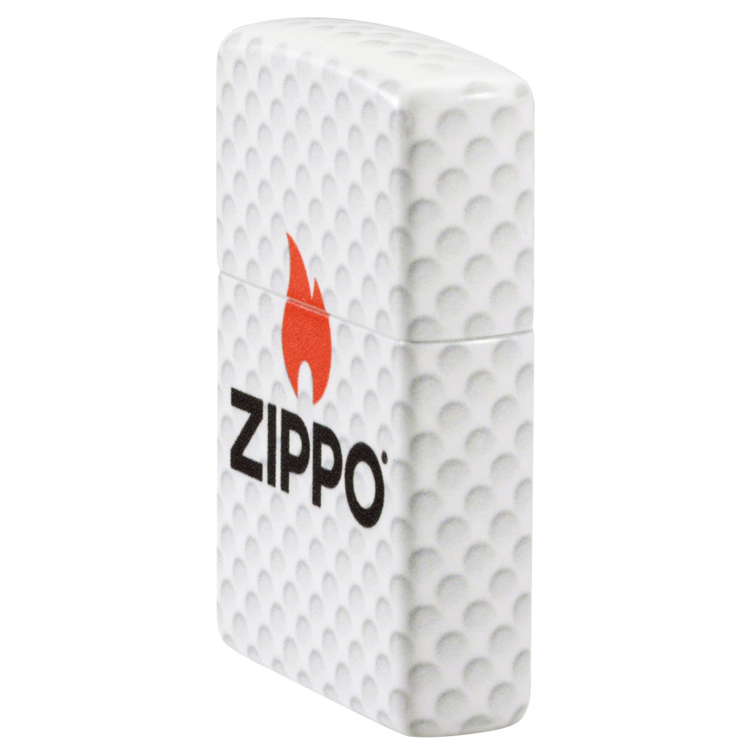 Angled shot of  Zippo Golf Ball Design 540 Matte Windproof Lighter showing the front and right sides of the lighter.