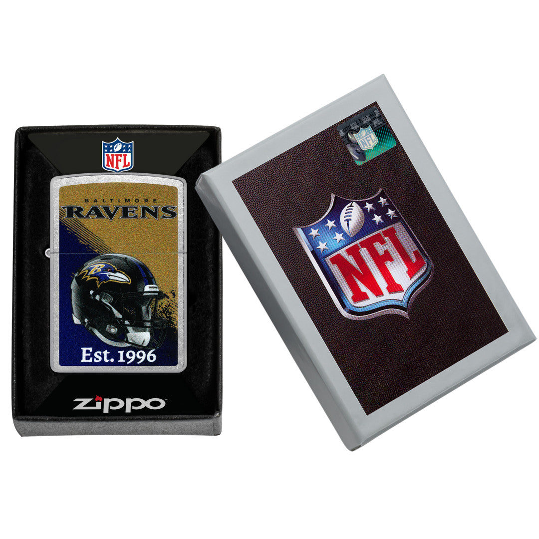 Zippo NFL Baltimore Ravens Helmet Design Street Chrome Windproof Lighter in its packaging.