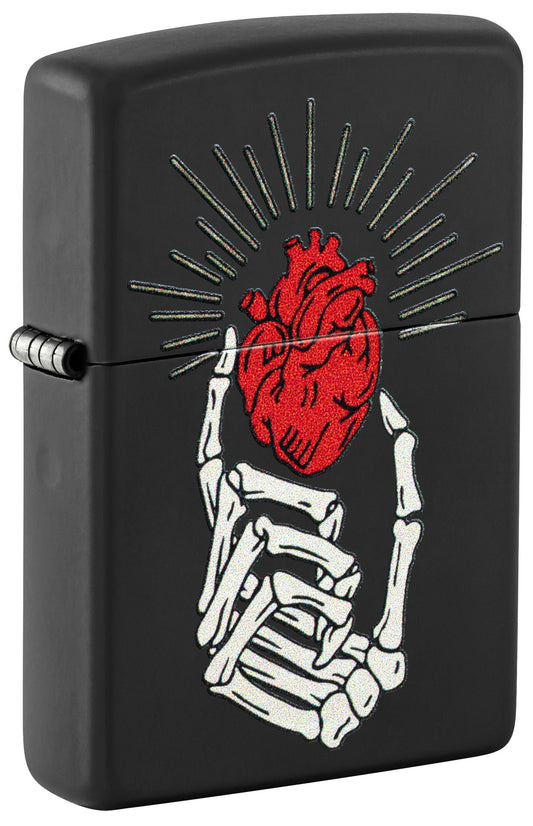 Front shot of Zippo Undying Love Design Black Matte Windproof Lighter standing at a 3/4 angle.