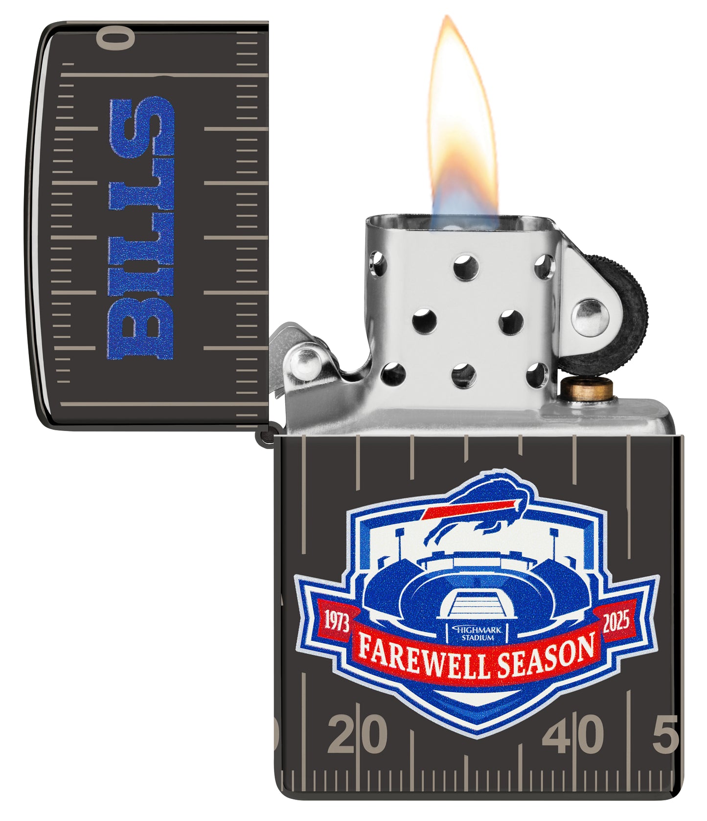Zippo Buffalo Bills Farewell Season Design High Polish Black Windproof Lighter with its lid open and lit.