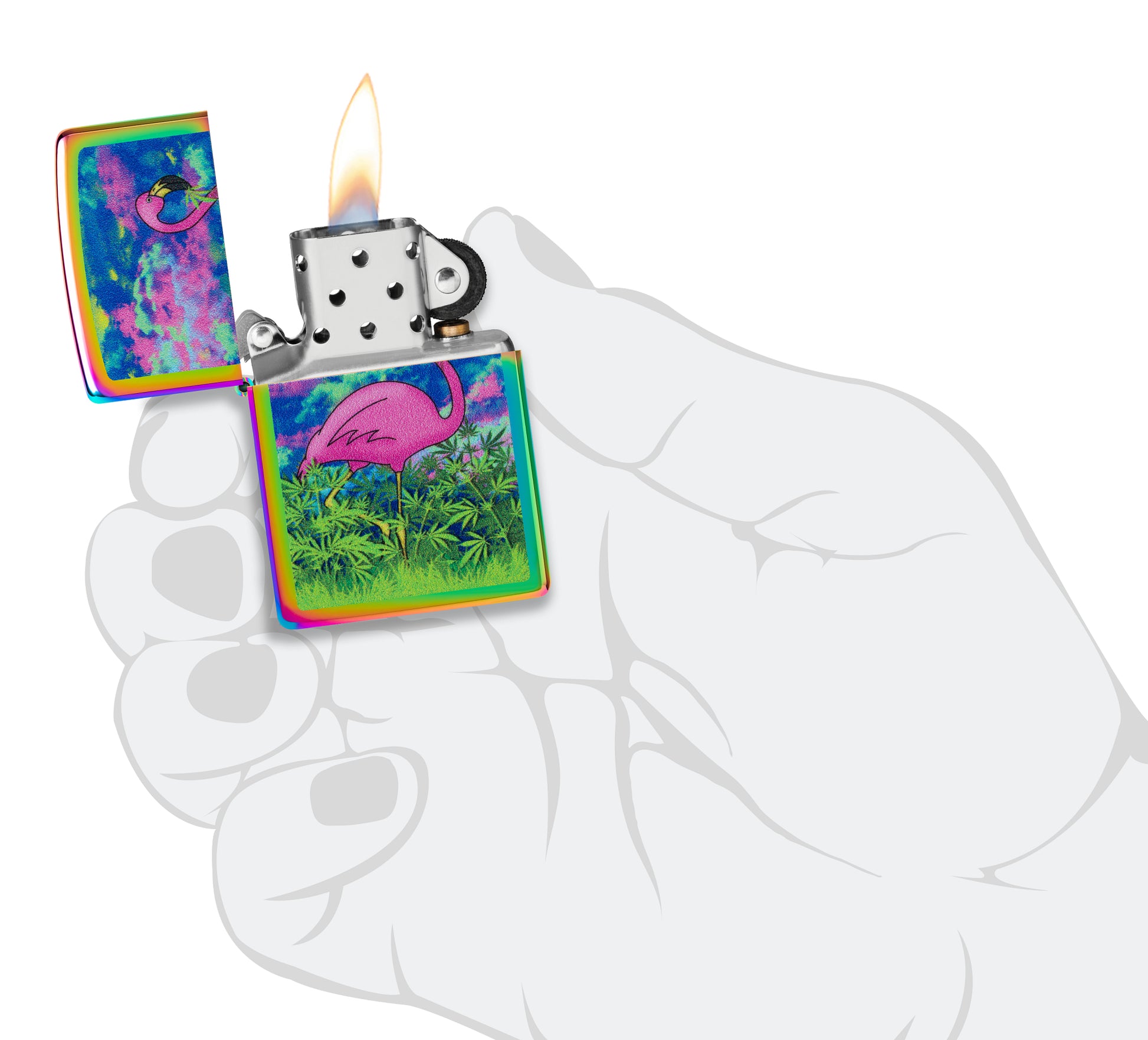 Zippo Flamingo Fields Design Multi Color Windproof Lighter lit in hand.