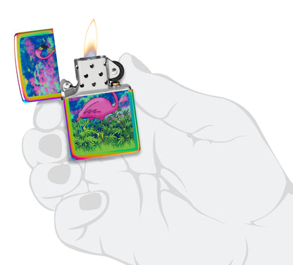 Zippo Flamingo Fields Design Multi Color Windproof Lighter lit in hand.