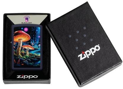 Zippo Black Light Mushroom Design Navy Matte Windproof Lighter in its packaging.