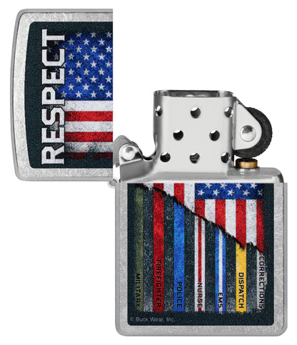 Zippo Buck Wear Respect Design Street Chrome Windproof Lighter with its lid open and unlit.