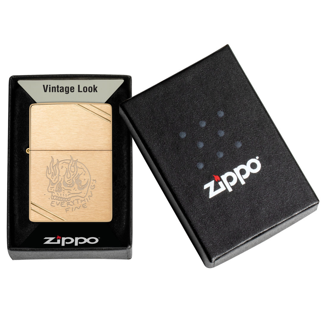 Zippo Everything's Fine Design Vintage Brushed Brass Windproof Lighter in its packaging.