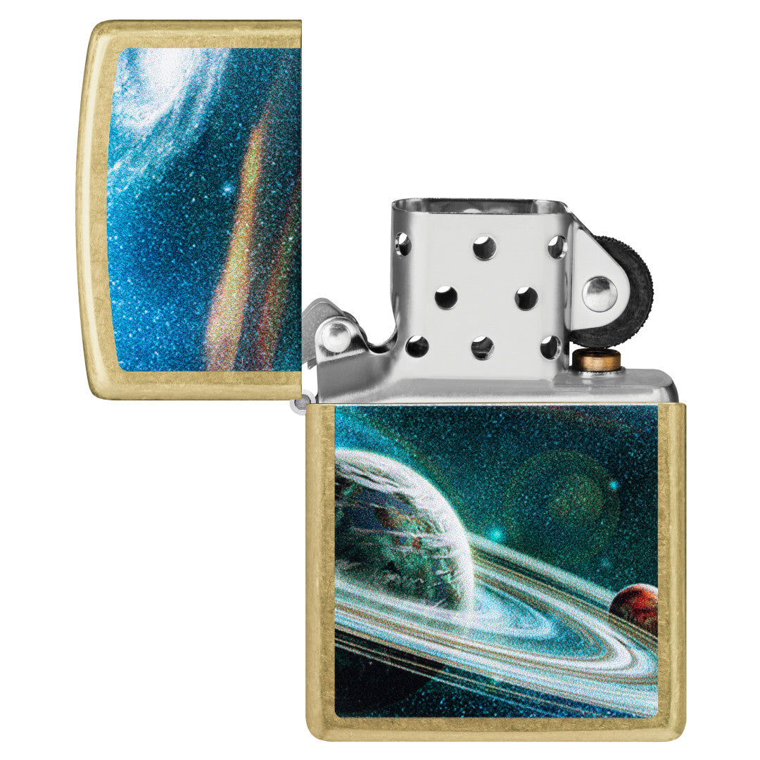 Zippo Space Rings Design Street Brass Windproof Lighter with its lid open and unlit.