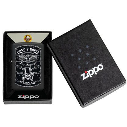 Zippo Guns N' Roses Paradise City Design Black Matte Windproof Lighter in its packaging.