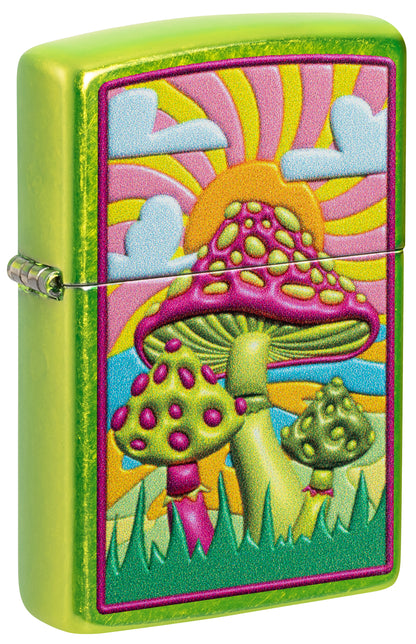 Front shot of Zippo Spotted Mushrooms Design Lurid Windproof Lighter standing at a 3/4 angle.
