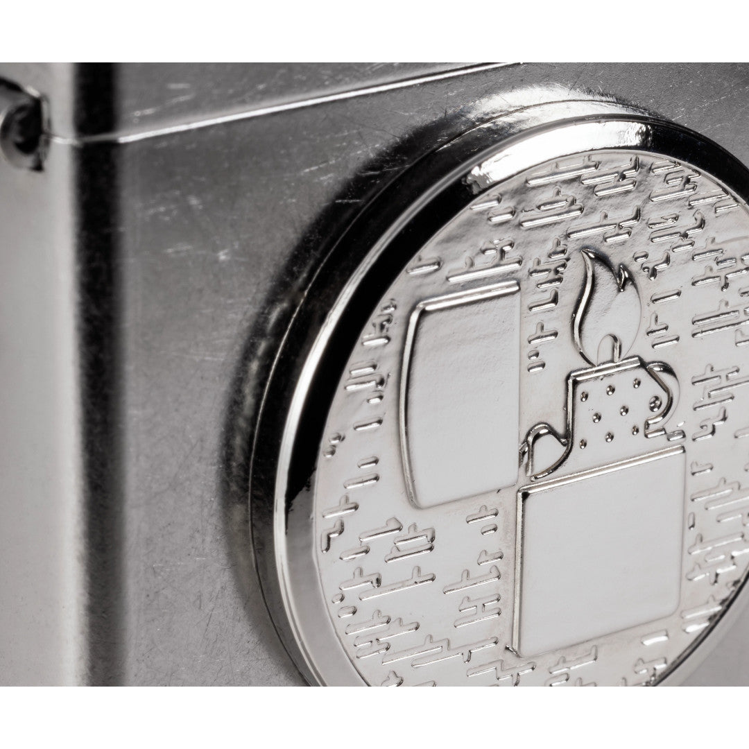 Front view of Zippo Golf Ball Marker Emblem – Lighter Design Street Chrome Windproof Lighter close up to show the detail of the lighter.