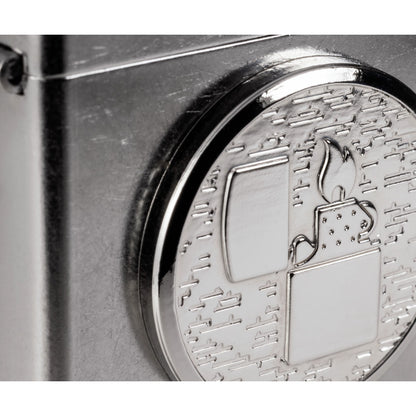 Front view of Zippo Golf Ball Marker Emblem – Lighter Design Street Chrome Windproof Lighter close up to show the detail of the lighter.