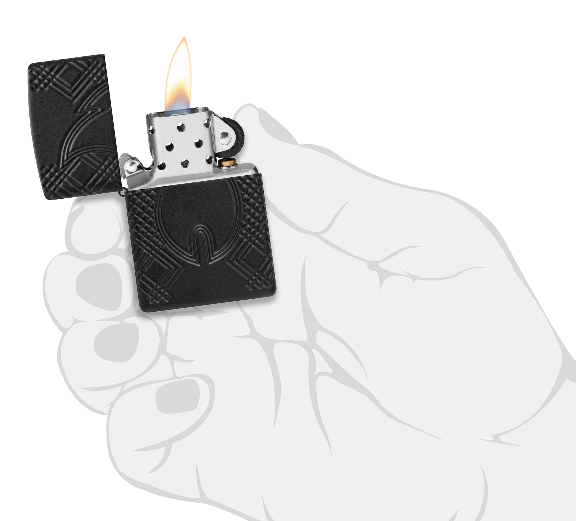 Zippo Rivet Flame Armor® Black Matte Windproof Lighter lit in hand.