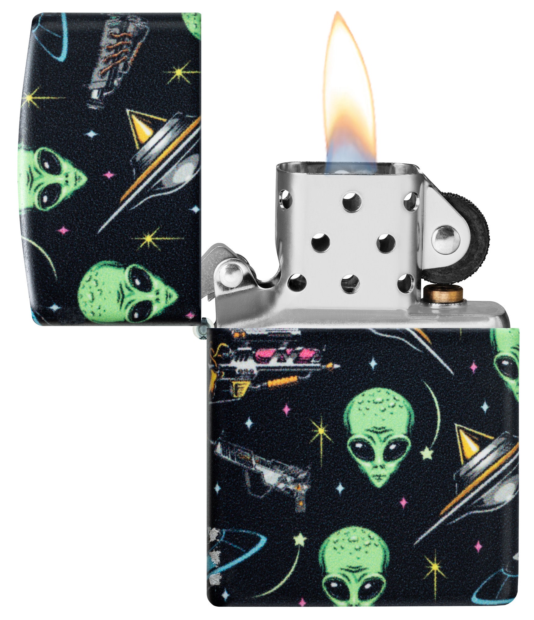 Zippo Alien Pattern Design 540 Matte Windproof Lighter with its lid open and lit.