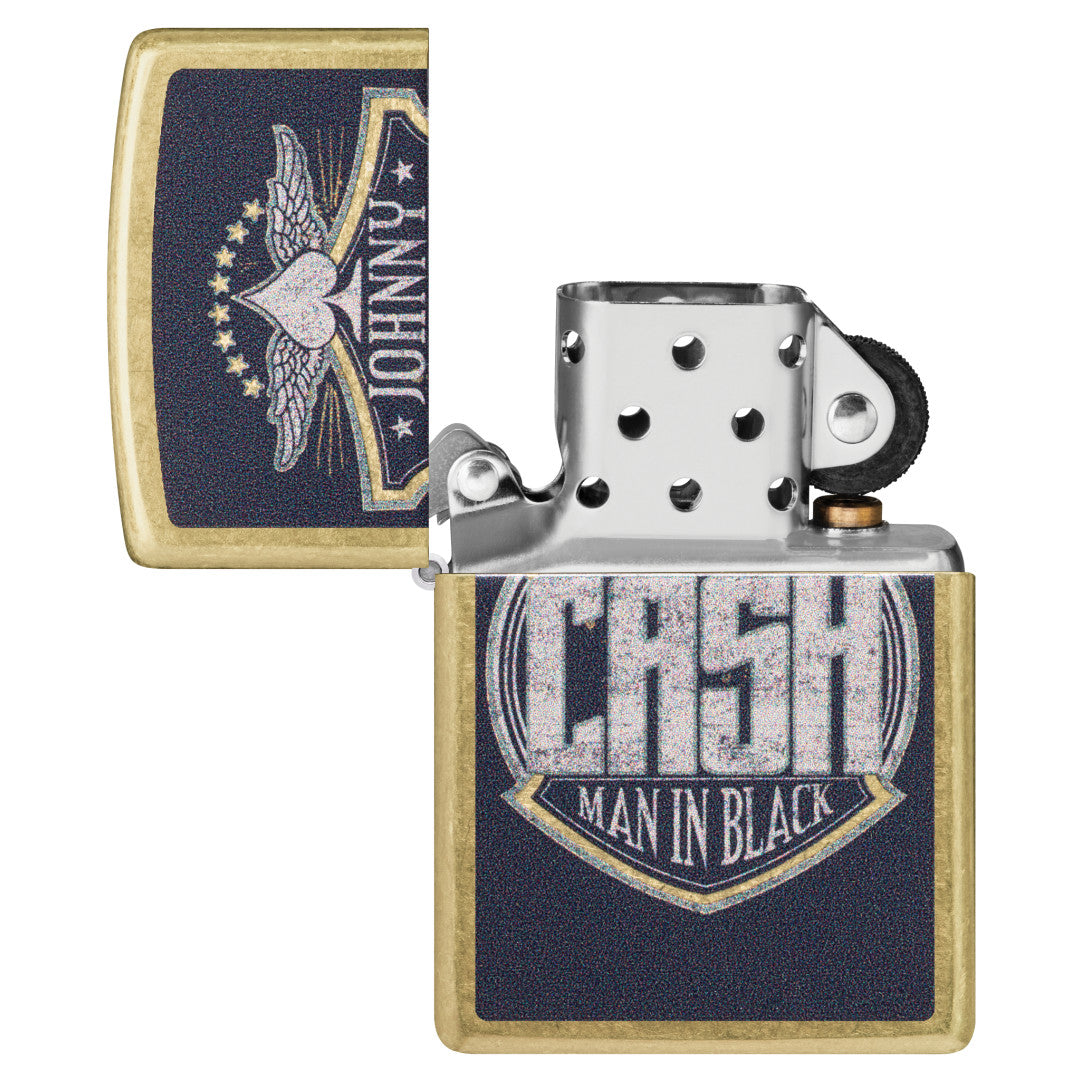 Zippo Johnny Cash Crest Design Street Brass Windproof Lighter with its lid open and unlit.