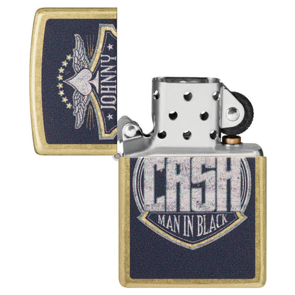 Zippo Johnny Cash Crest Design Street Brass Windproof Lighter with its lid open and unlit.