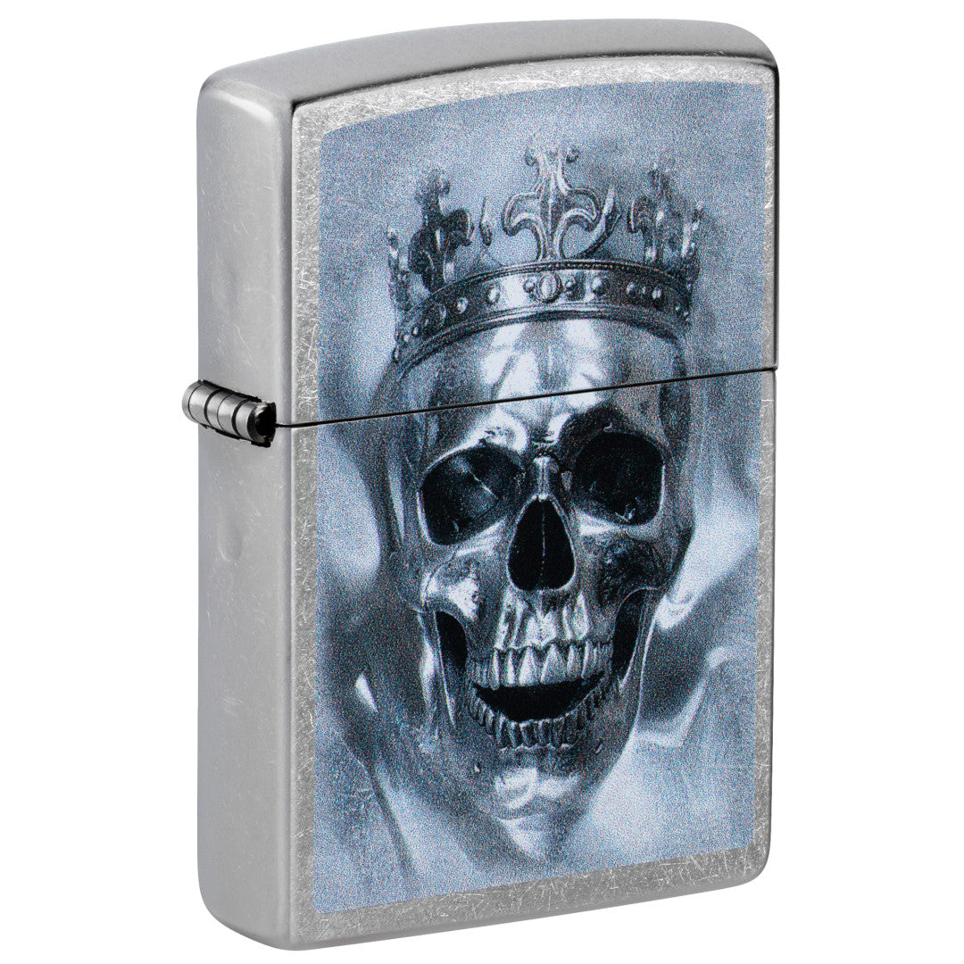 Front shot of Zippo King Cranium Design Street Chrome Windproof Lighter standing at a 3/4 angle.