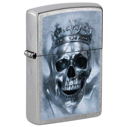 Front shot of Zippo King Cranium Design Street Chrome Windproof Lighter standing at a 3/4 angle.
