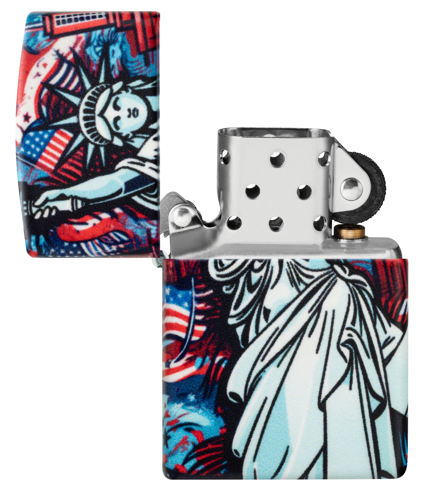 Zippo Lady Liberty Design 540 Matte Windproof Lighter with its lid open and unlit.