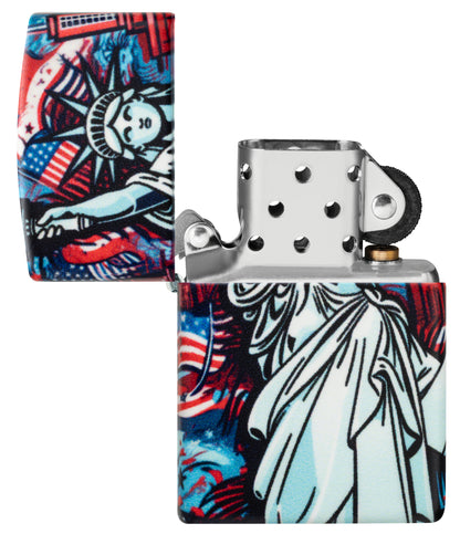 Zippo Lady Liberty Design 540 Matte Windproof Lighter with its lid open and unlit.