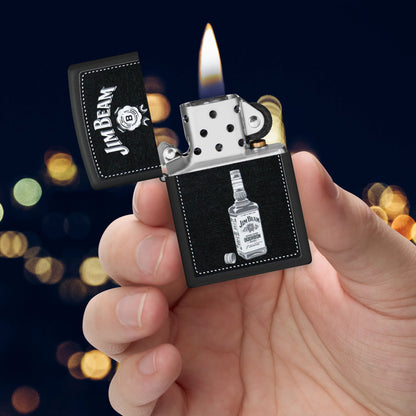 Zippo Jim Beam® Bottle Design Black Matte Windproof Lighter lit in hand.