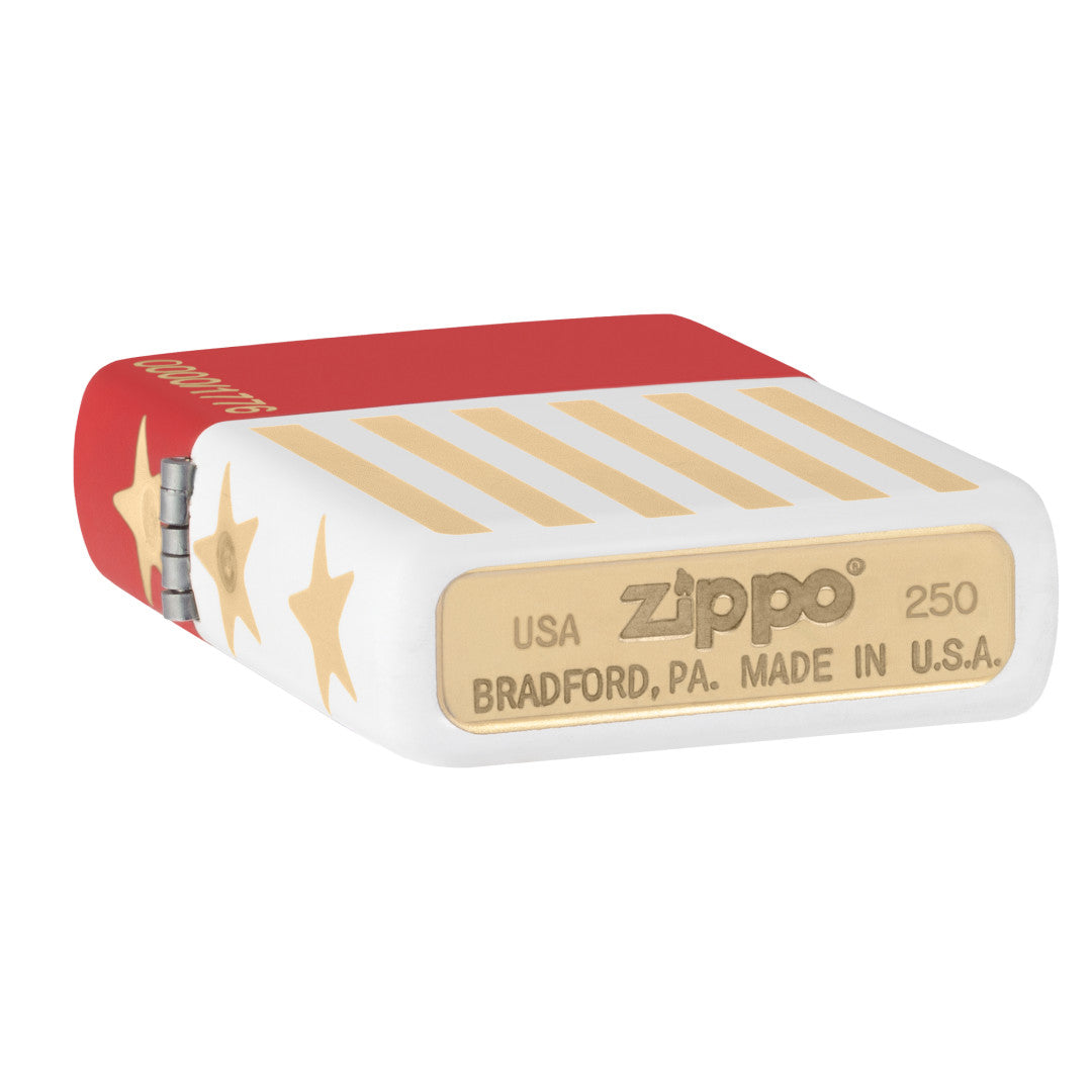 Bottom stamp view ofZippo 250th Anniversary Collectible Red and White Matte Windproof Lighter.