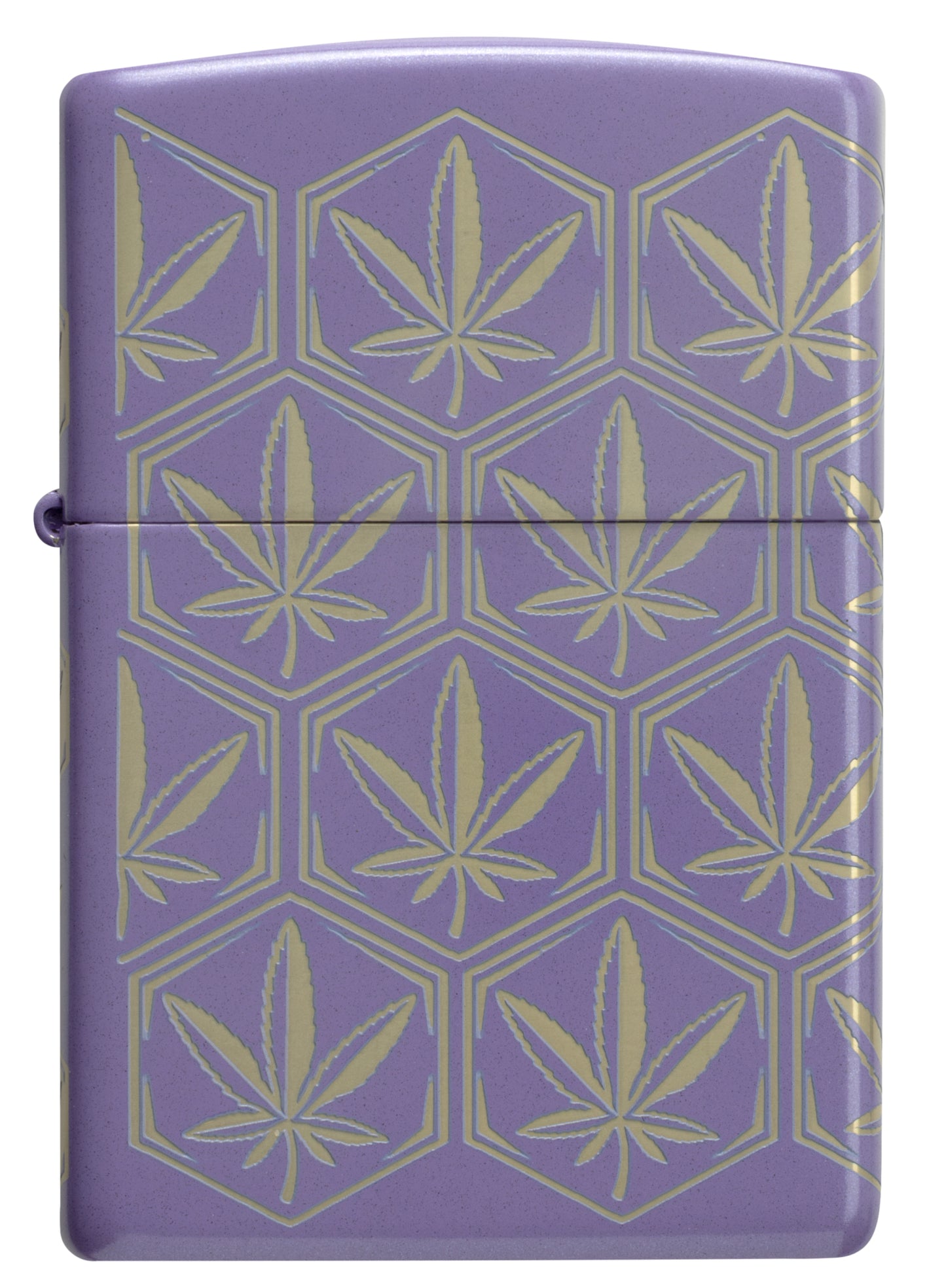 Front view of Zippo Honeycomb Cannabis Design Smoky Lavender Windproof Lighter.