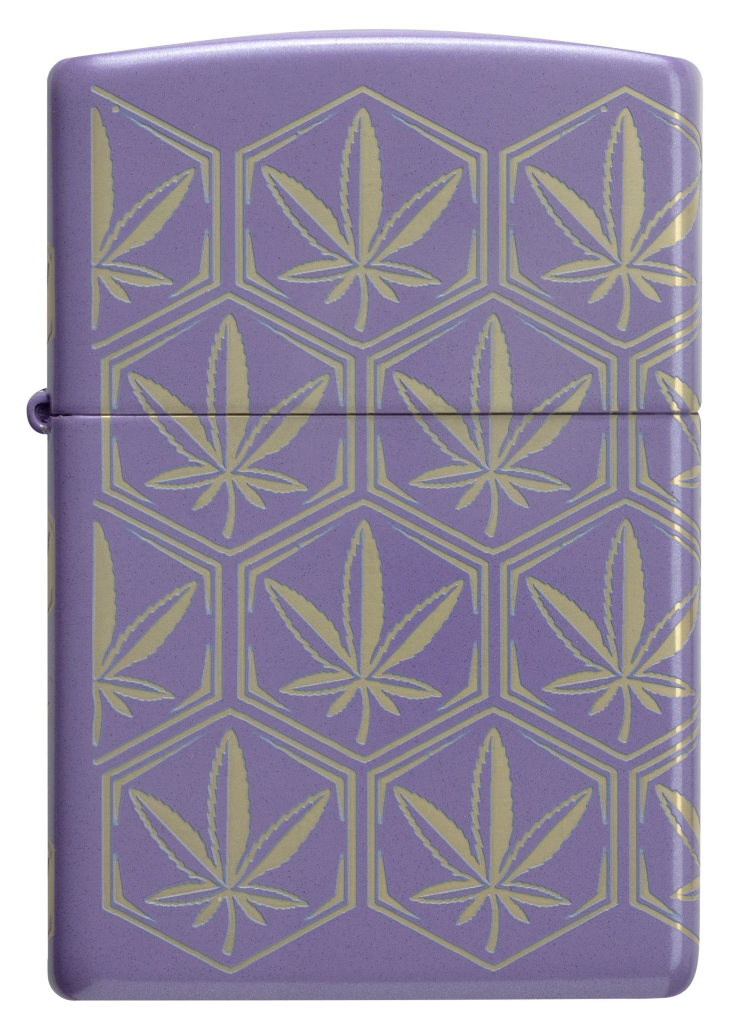 Front view of Zippo Honeycomb Cannabis Design Smoky Lavender Windproof Lighter.