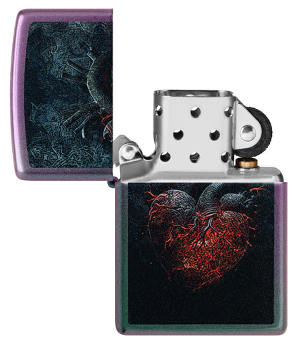 Zippo Dark Heart Design Iridescent Windproof Lighter with its lid open and unlit.